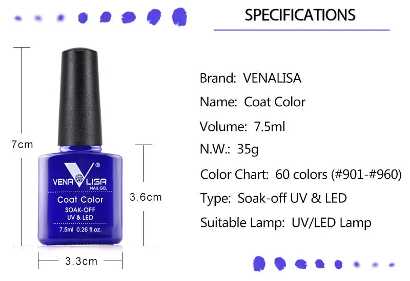 VENALISA Nail Gel Polish Semi Permanent Gellack Nail Art Salon 100 Color Glitter 7.5ml Soak off Organic UV LED Nail Gel Varnish