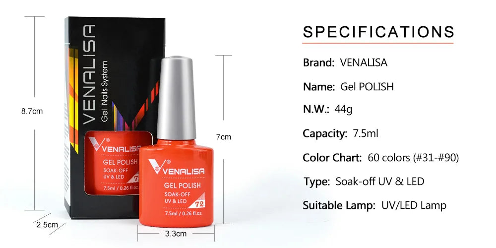 VENALISA Nail Gel Polish Semi Permanent Gellack Nail Art Salon 100 Color Glitter 7.5ml Soak off Organic UV LED Nail Gel Varnish