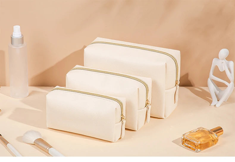 Women Cosmetic Bag Waterproof PU Leather Solid Color Makeup Pouch Travel Portable Wash Toiletry Storage Bag Organizer Purse