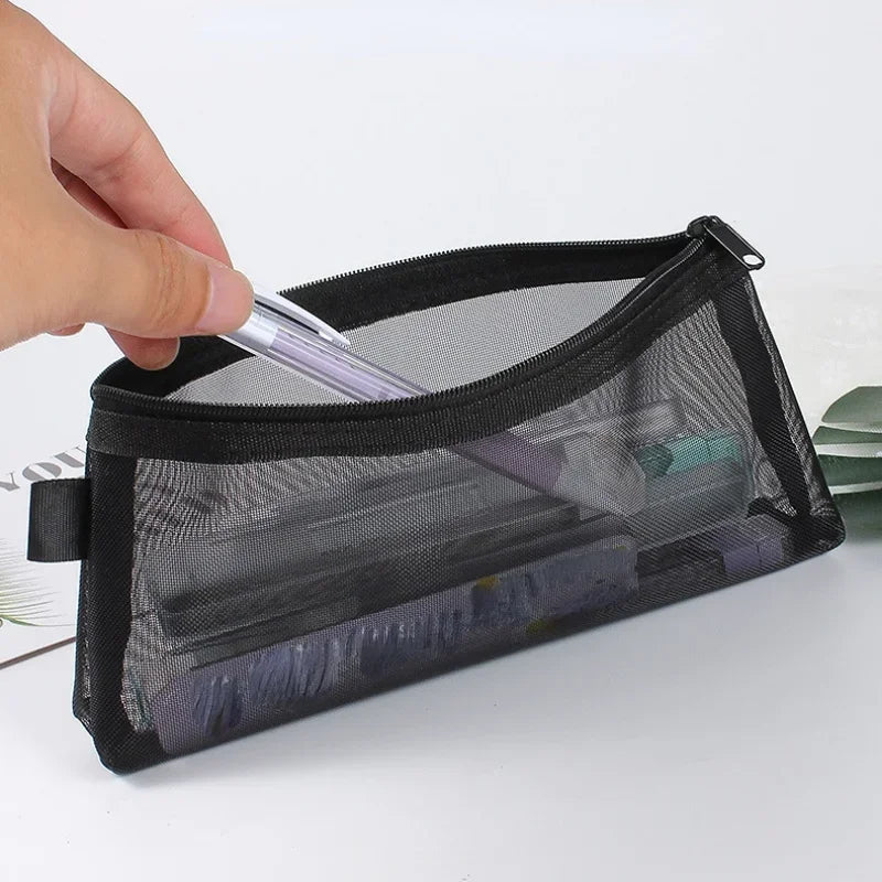 Gray Black Makeup Case Large Capacity Mesh Transparent Cosmetic Brush Bags Students Solid Color Zipper Nylon Pencil Case