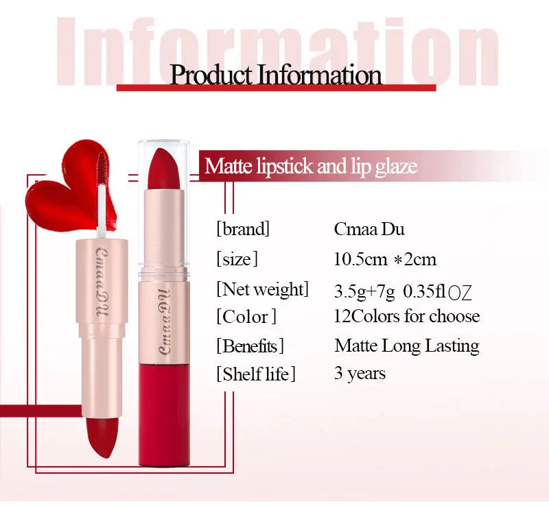 CmaaDu 12 color 2 in 1 24HR Locked Kiss. Weightless Colour. Waterproof Matte Lipgloss, Lipstick Long Lasting Lipstick.