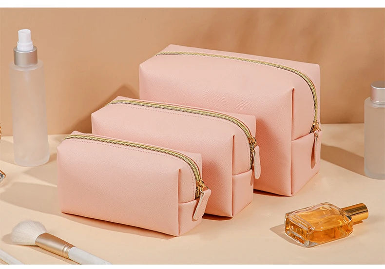 Women Cosmetic Bag Waterproof PU Leather Solid Color Makeup Pouch Travel Portable Wash Toiletry Storage Bag Organizer Purse