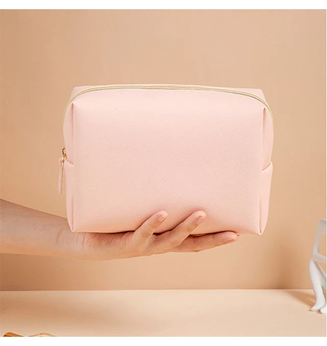 Women Cosmetic Bag Waterproof PU Leather Solid Color Makeup Pouch Travel Portable Wash Toiletry Storage Bag Organizer Purse