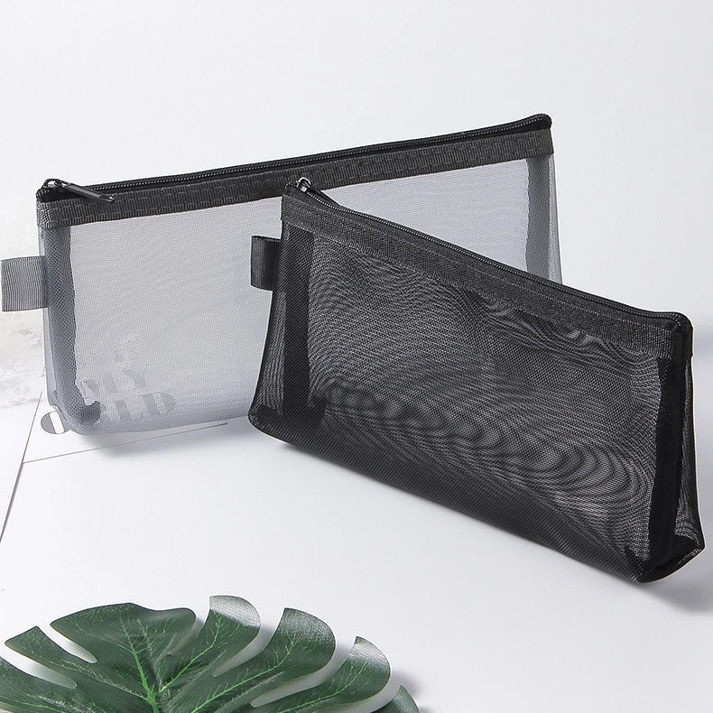 Gray Black Makeup Case Large Capacity Mesh Transparent Cosmetic Brush Bags Students Solid Color Zipper Nylon Pencil Case