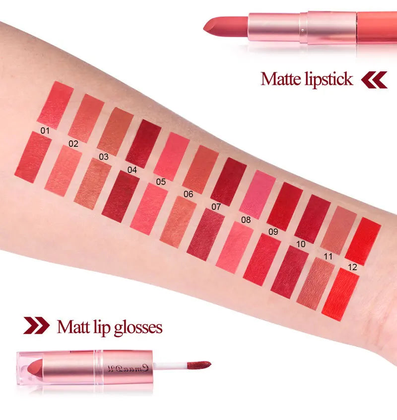 CmaaDu 12 color 2 in 1 24HR Locked Kiss. Weightless Colour. Waterproof Matte Lipgloss, Lipstick Long Lasting Lipstick.