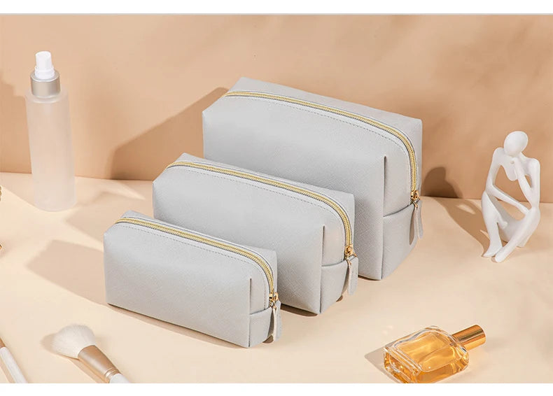 Women Cosmetic Bag Waterproof PU Leather Solid Color Makeup Pouch Travel Portable Wash Toiletry Storage Bag Organizer Purse