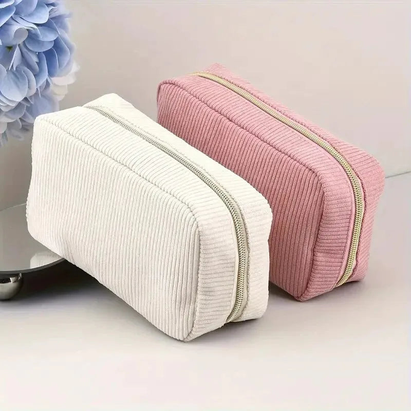 Women's Corduroy Striped Cosmetic Bag Solid Color Makeup Pouch. Travel Bag Simple Organizer Purse