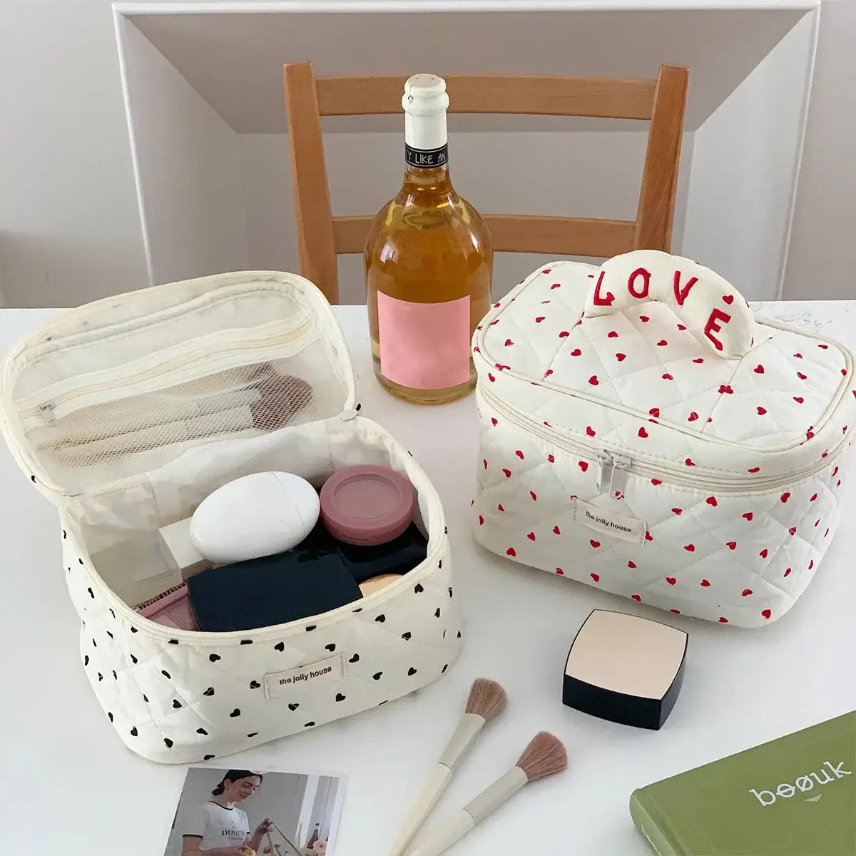 LOVE Mini Heart Print Soft Cotton Cosmetic Bags Korea Ins Storage Make Up Bags For Women Portable Travel Organizer Toiletry Bag