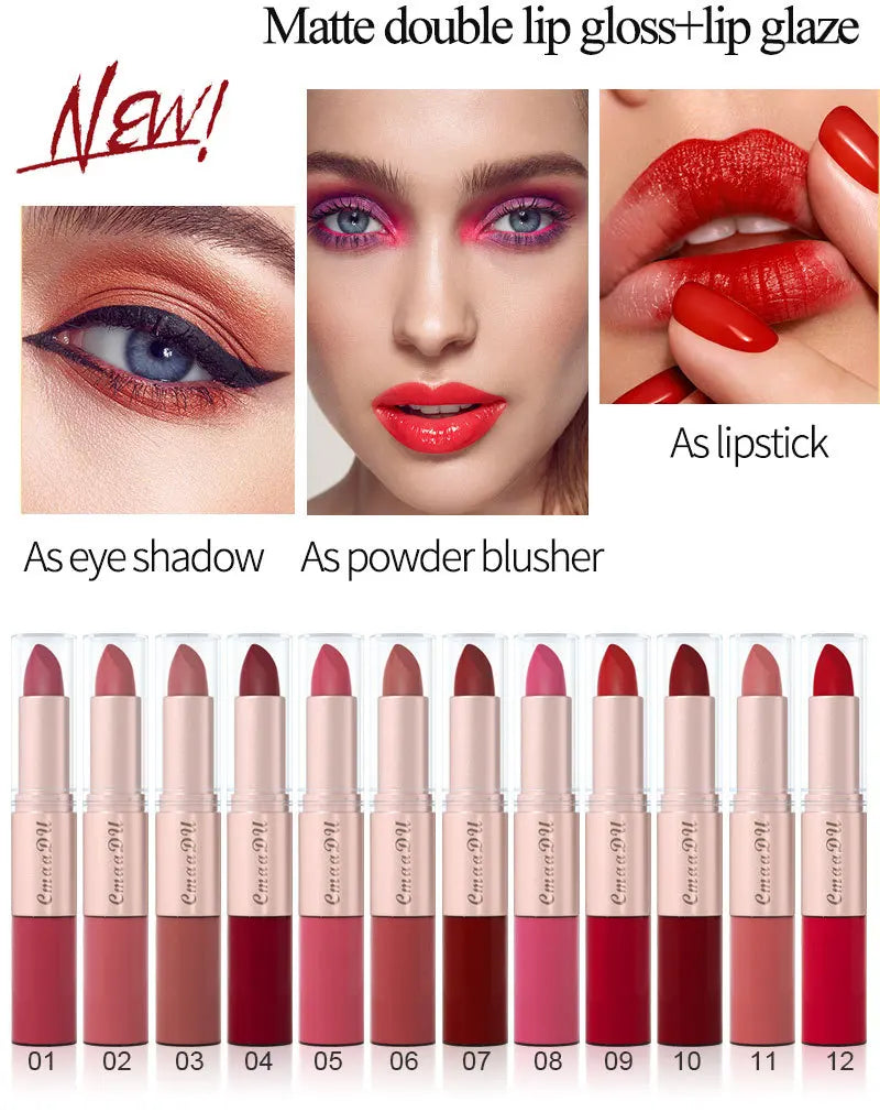 CmaaDu 12 color 2 in 1 24HR Locked Kiss. Weightless Colour. Waterproof Matte Lipgloss, Lipstick Long Lasting Lipstick.