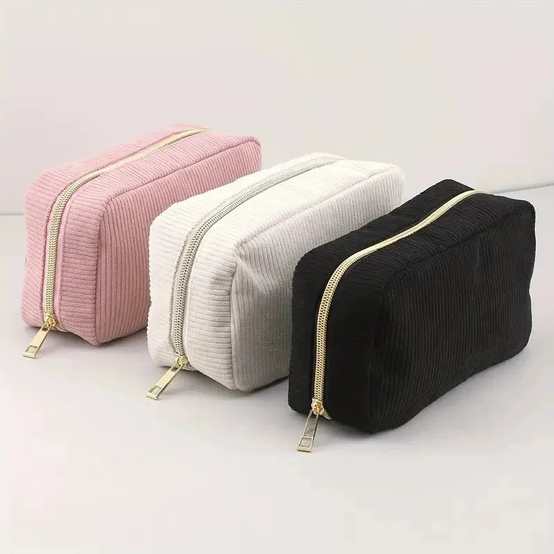 Women's Corduroy Striped Cosmetic Bag Solid Color Makeup Pouch. Travel Bag Simple Organizer Purse