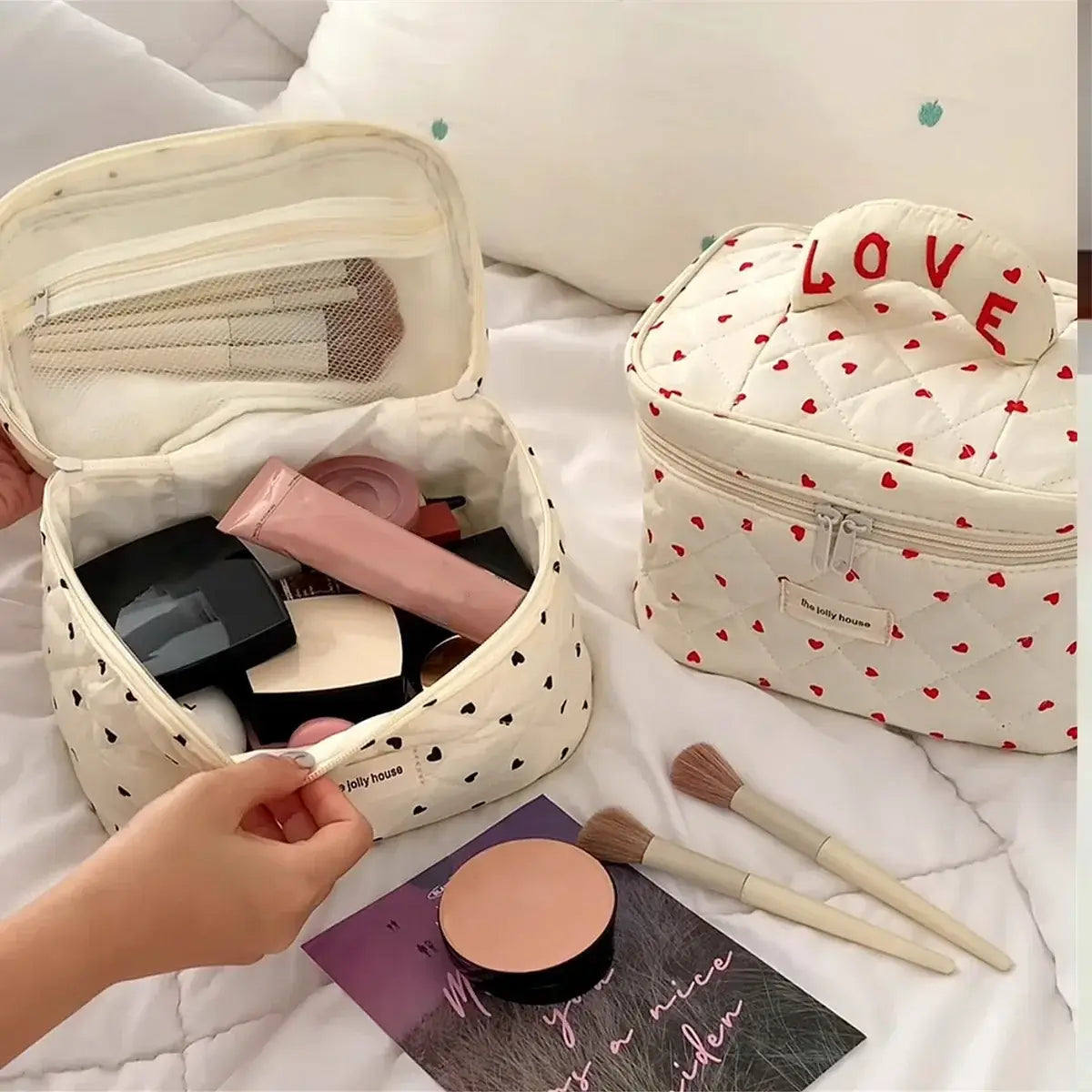 LOVE Mini Heart Print Soft Cotton Cosmetic Bags Korea Ins Storage Make Up Bags For Women Portable Travel Organizer Toiletry Bag