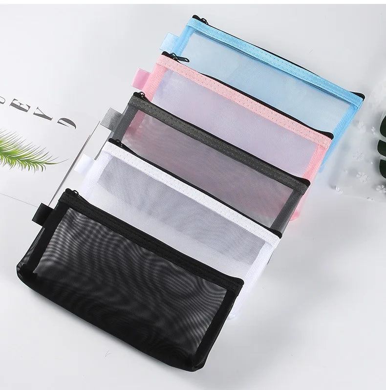 Gray Black Makeup Case Large Capacity Mesh Transparent Cosmetic Brush Bags Students Solid Color Zipper Nylon Pencil Case