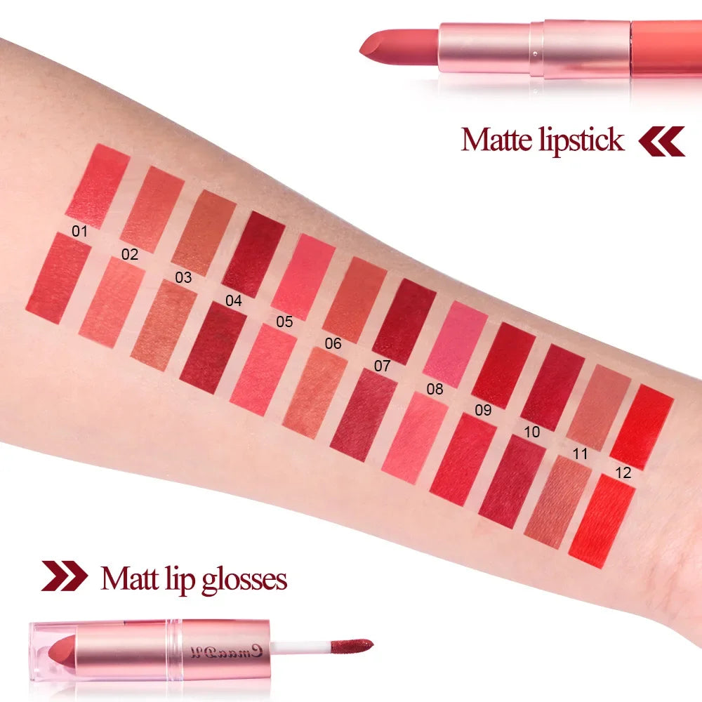 CmaaDu 12 color 2 in 1 24HR Locked Kiss. Weightless Colour. Waterproof Matte Lipgloss, Lipstick Long Lasting Lipstick.