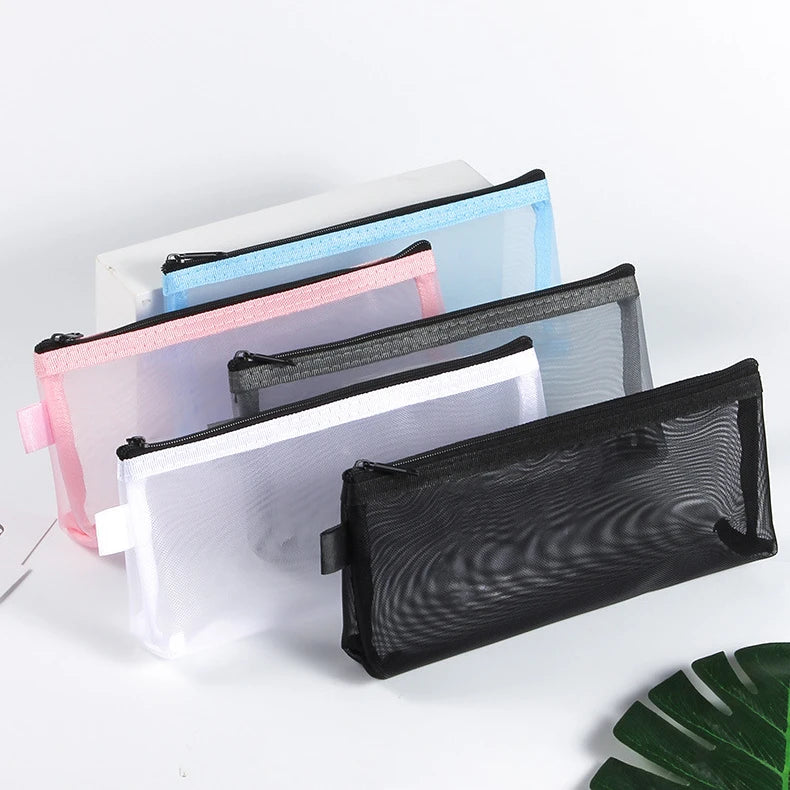 Gray Black Makeup Case Large Capacity Mesh Transparent Cosmetic Brush Bags Students Solid Color Zipper Nylon Pencil Case