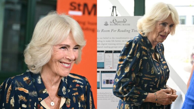 Queen Camilla Does Fiona Clare Feathers for London Outing